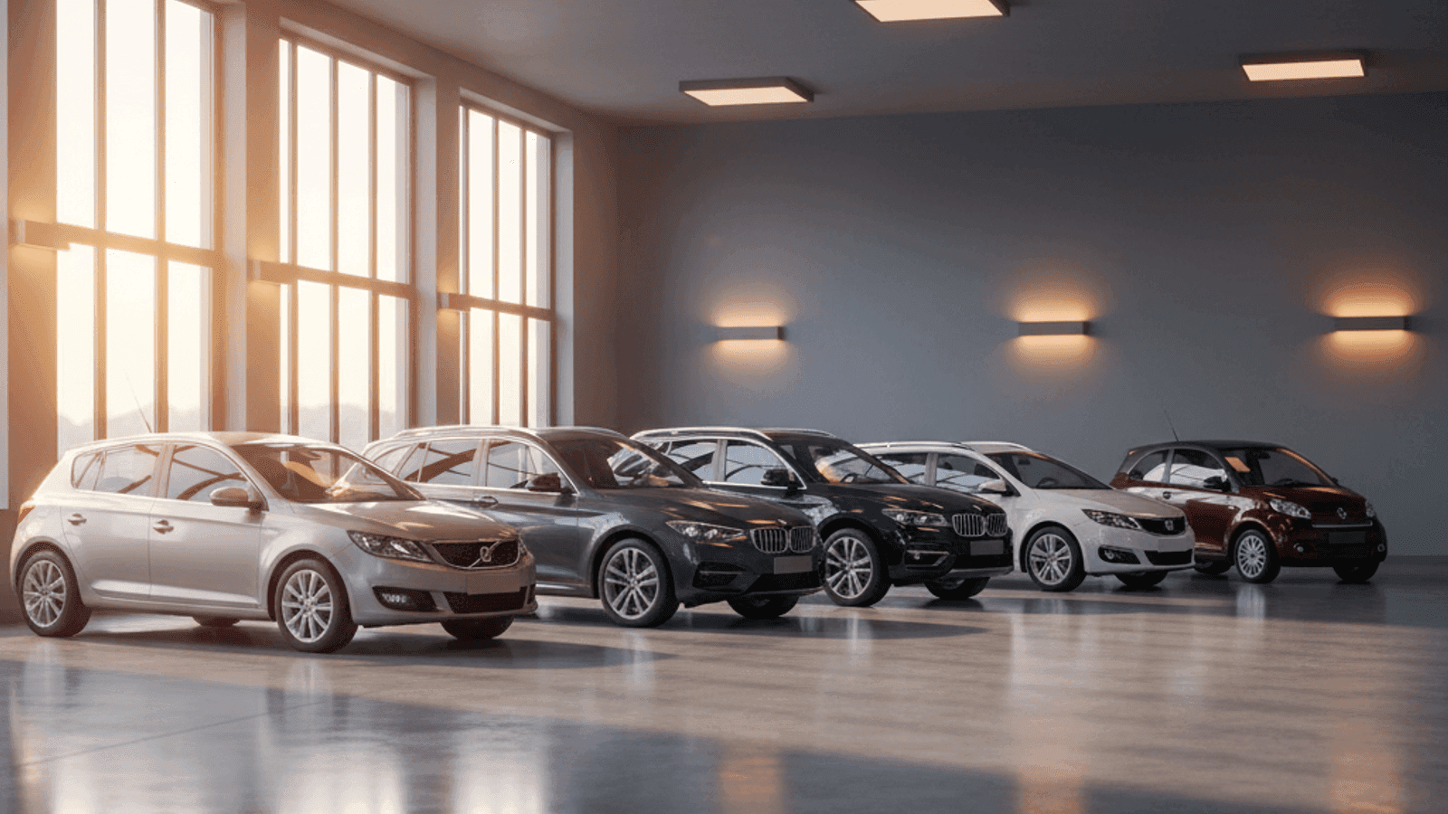 Row of diverse European used cars inside a well-lit inspection hall under warm lighting
