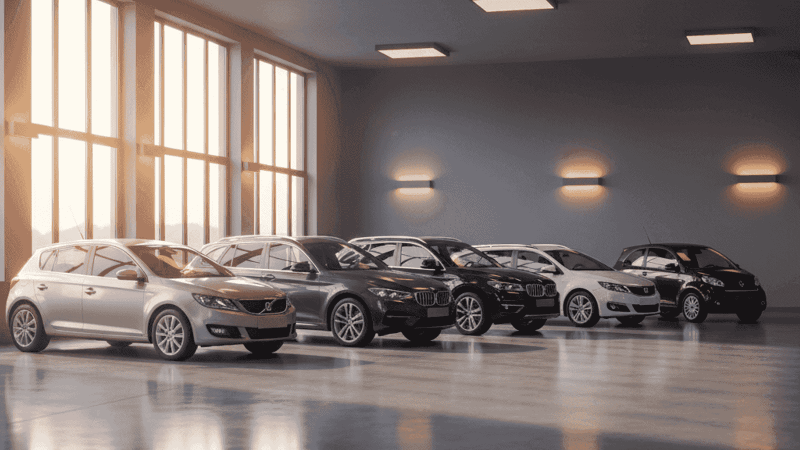Row of diverse European used cars inside a well-lit inspection hall under warm lighting