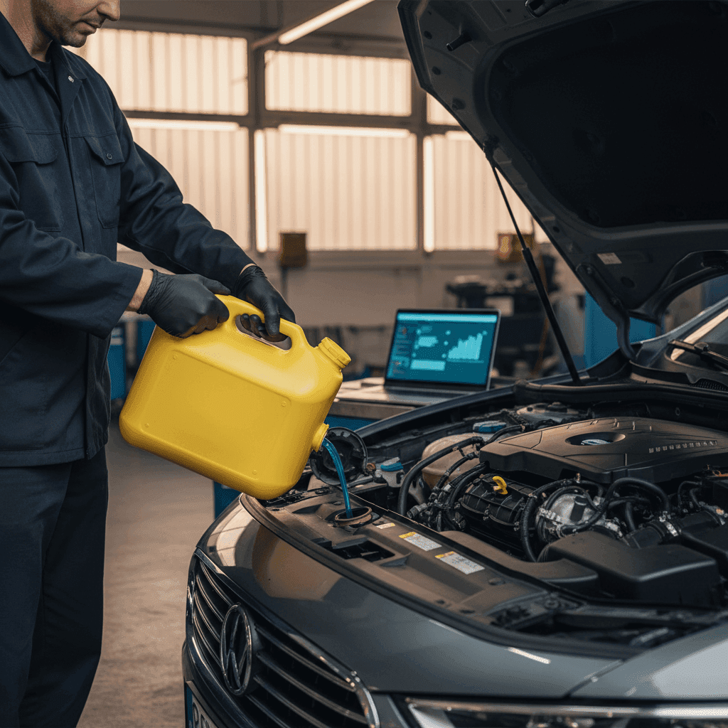 Механик доливает жидкость AdBlue из жёлтой канистры в бак подержанного Евро 6 дизеля в мастерской Auto Gas Gaga