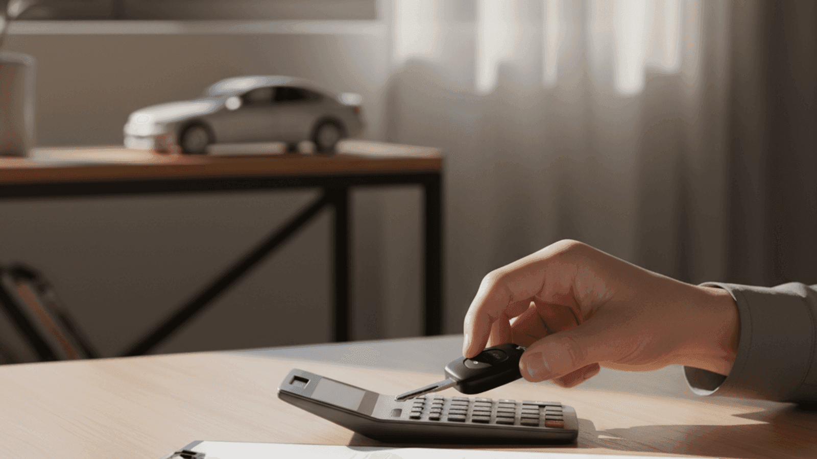Car key on a desk next to a calculator and loan documents in a warm office setting