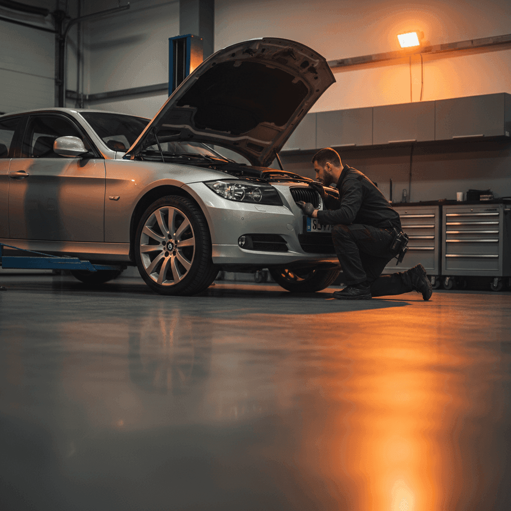 BMW E90 3-й серии седан на подъёмнике в мастерской с открытым капотом, техник осматривает заднюю часть дизельного мотора, где расположена цепь ГРМ