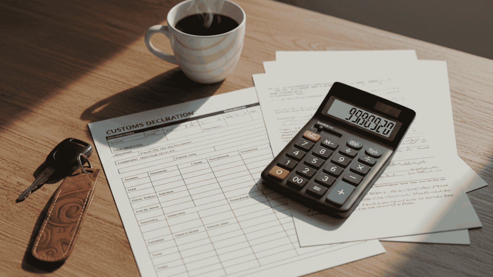 Stylised desk with car-import paperwork: EUR.1 form, sales contract, calculator and a key - morning light through the window.