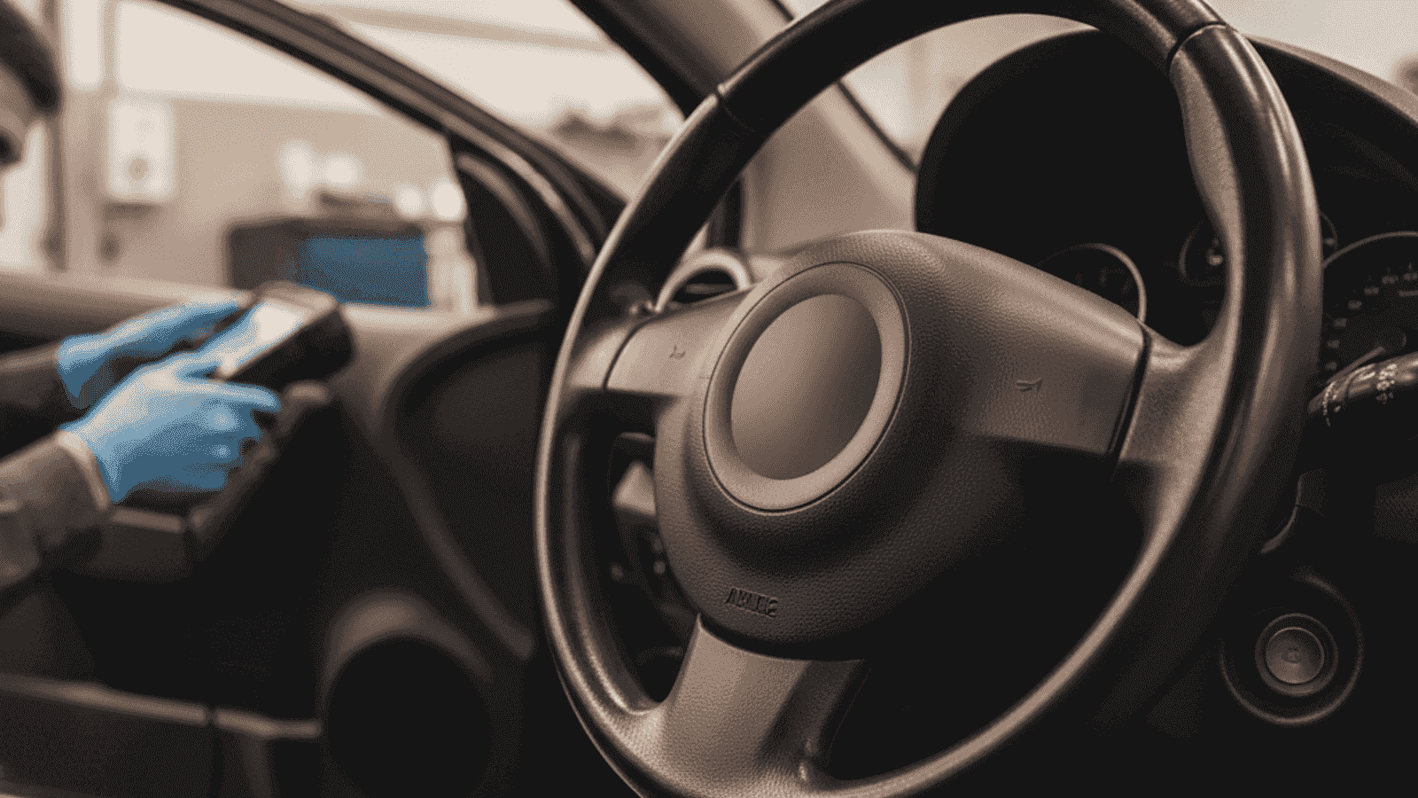 Центр руля Citroën C3 или DS3 с фокусом на зону подушки безопасности, снято в пространстве мастерской под тёплым светом, механик в синих перчатках на втором плане