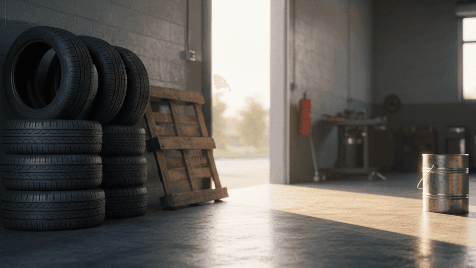 Стопка летних шин 195/65 R15 у стены мастерской рядом с открытыми гаражными воротами в Баня-Луке, послеполуденный свет на бетоне