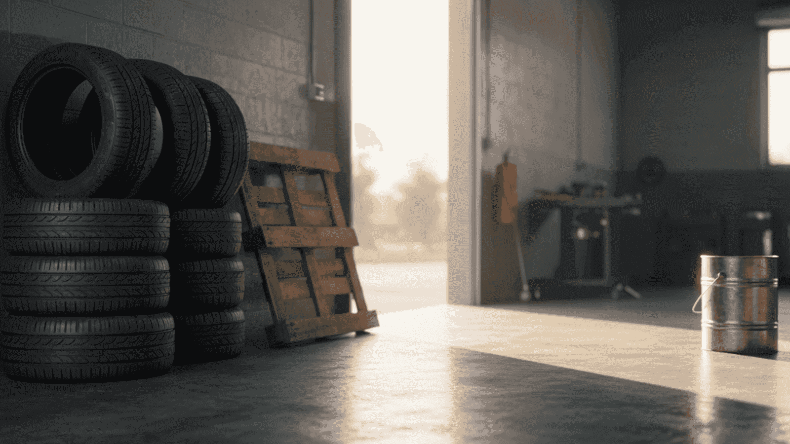 Стопка летних шин 195/65 R15 у стены мастерской рядом с открытыми гаражными воротами в Баня-Луке, послеполуденный свет на бетоне