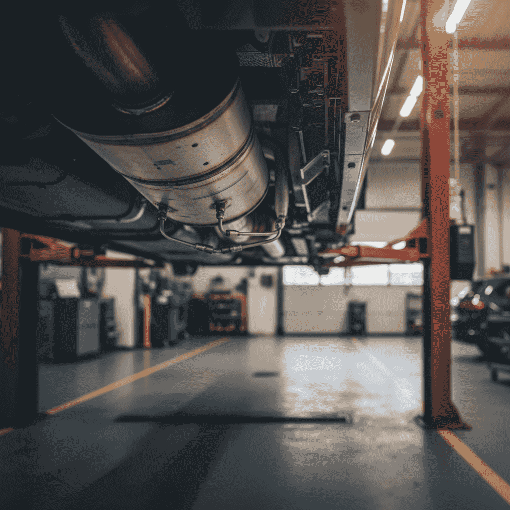 Clogged DPF filter on the exhaust system of a used diesel raised on a two-post lift at the Auto Gas Gaga workshop in Banja Luka