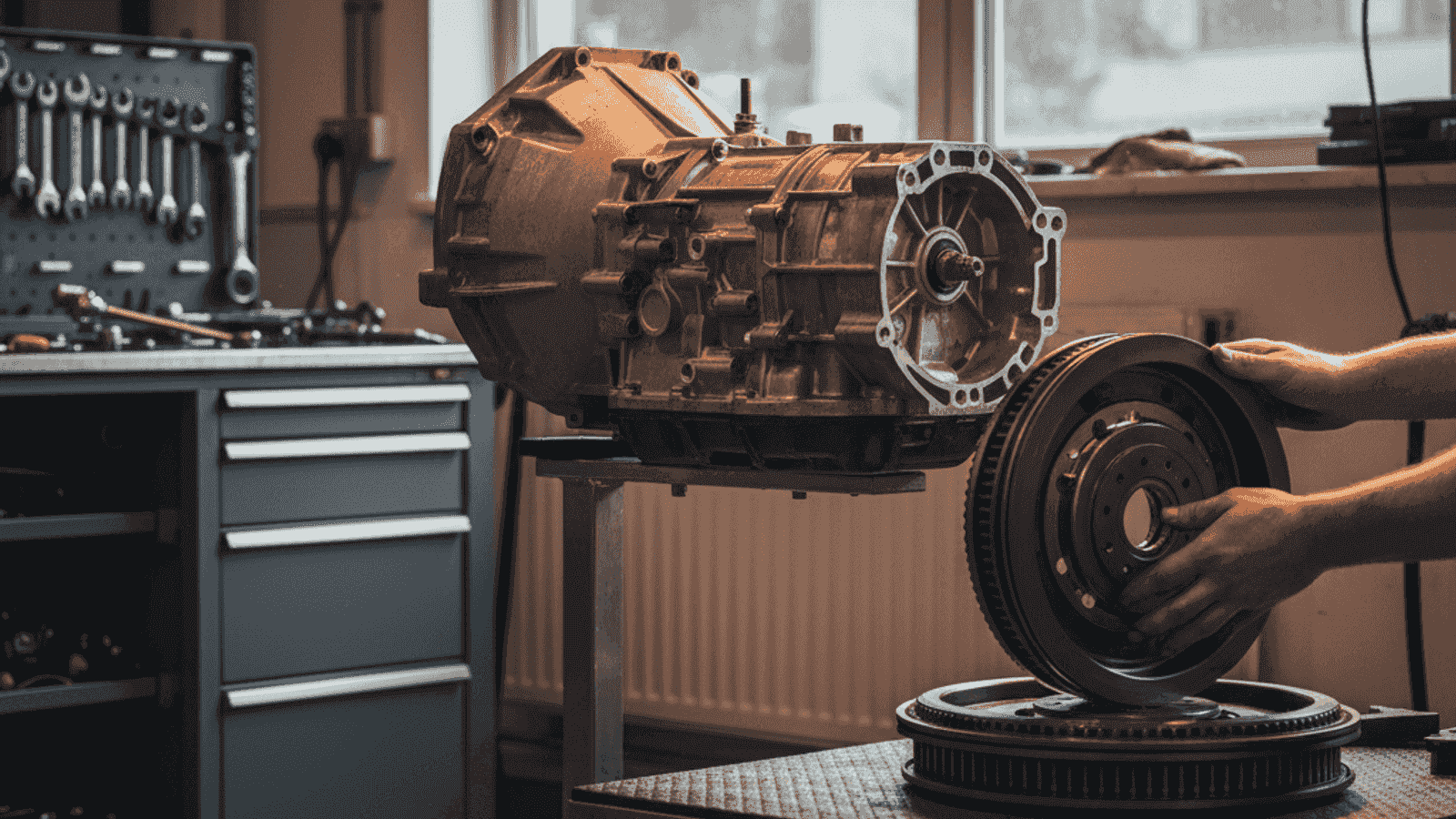 Gearbox removed and set on a workshop stand, dual-mass flywheel laid beside it, mechanic checking the free travel of the springs by hand before replacement
