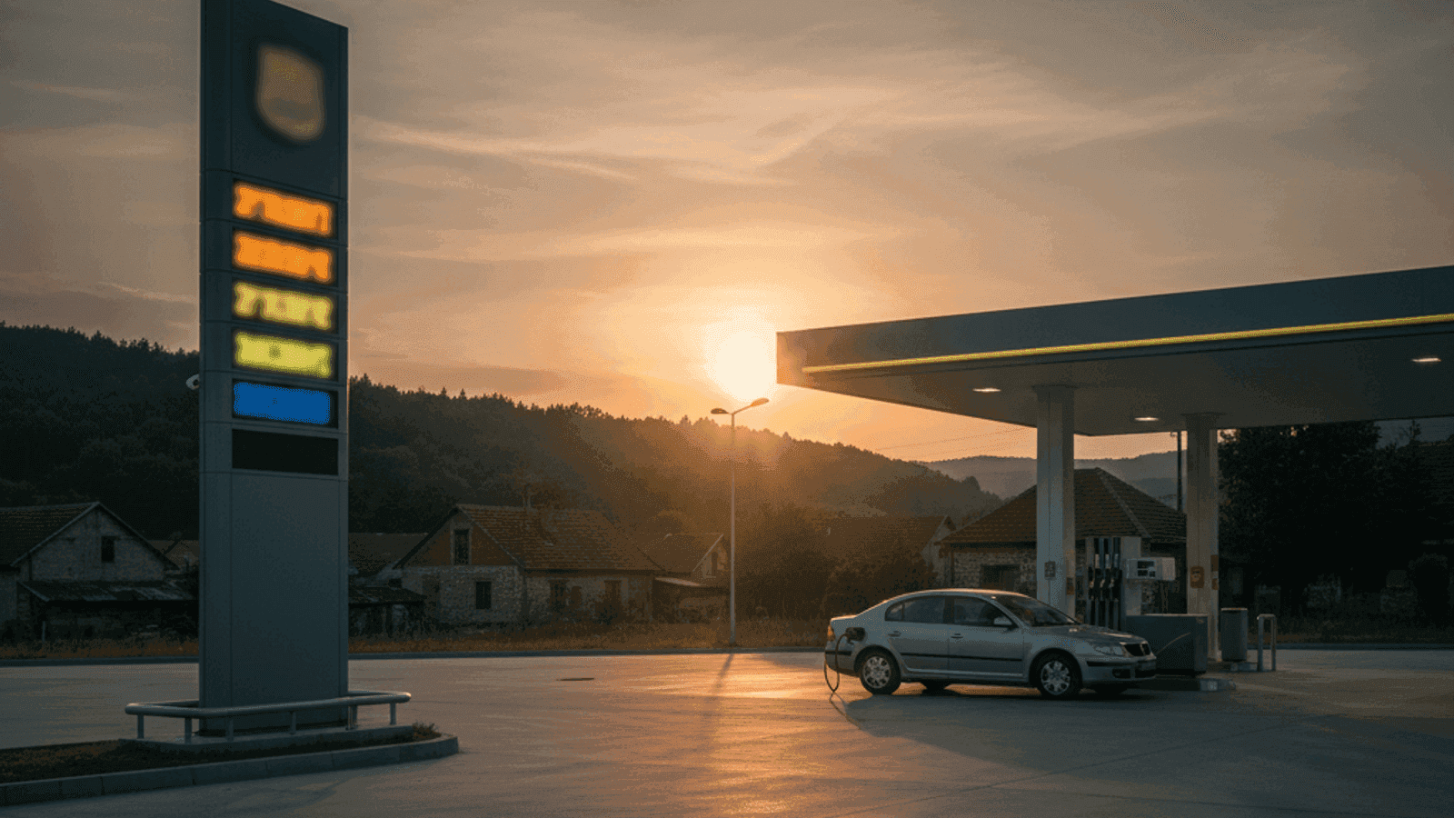 Benzinska pumpa u BiH s totemom cijena dizela, benzina i autoplina i porodičnim polovnim autom na pretakanju u zlatnom svjetlu predvečerja.