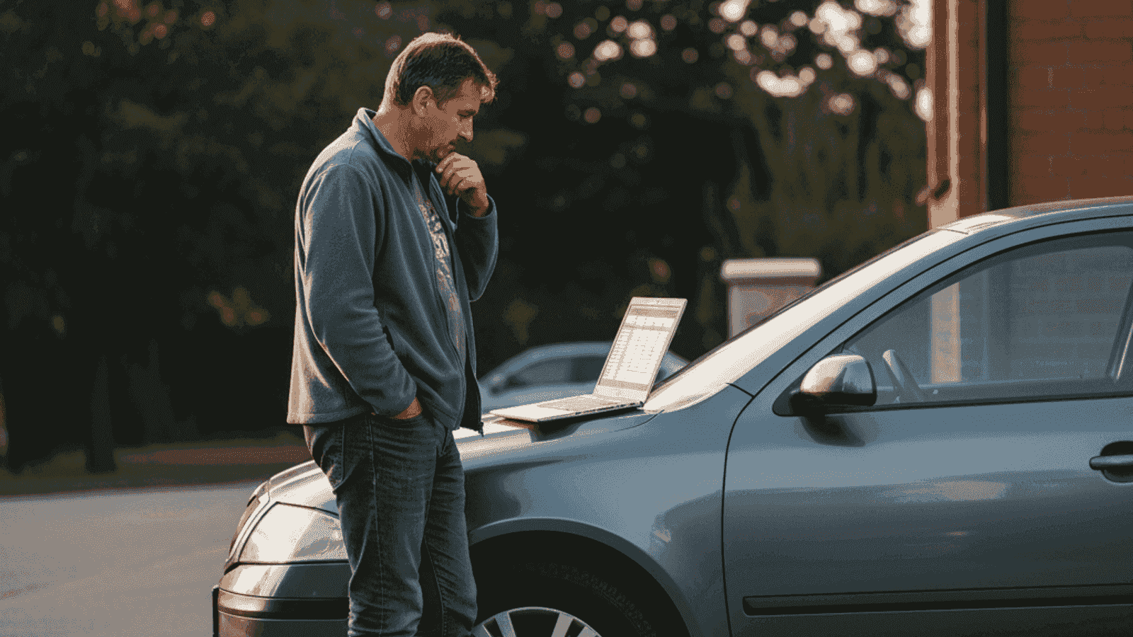 Used car owner standing in a driveway next to his car with a laptop open on the bonnet, considering what price to set for a sale in BiH 2026
