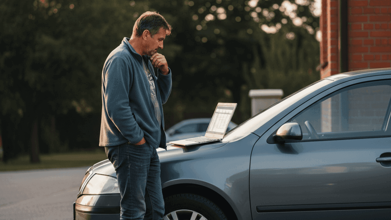 Vlasnik polovnog automobila stoji u dvorištu pored svog auta, sa otvorenim laptopom na haubi, razmatra koju cijenu da postavi za prodaju u BiH 2026