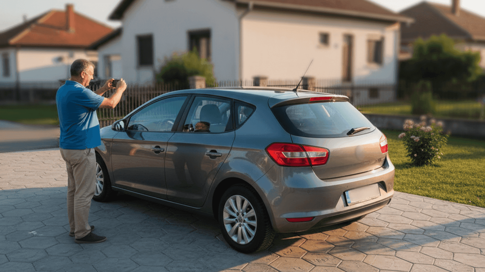 Vlasnik fotografiše opran polovni evropski auto telefonom na čistoj asfaltnoj površini ispred neutralne pozadine u dnevnom svjetlu - priprema za OLX oglas