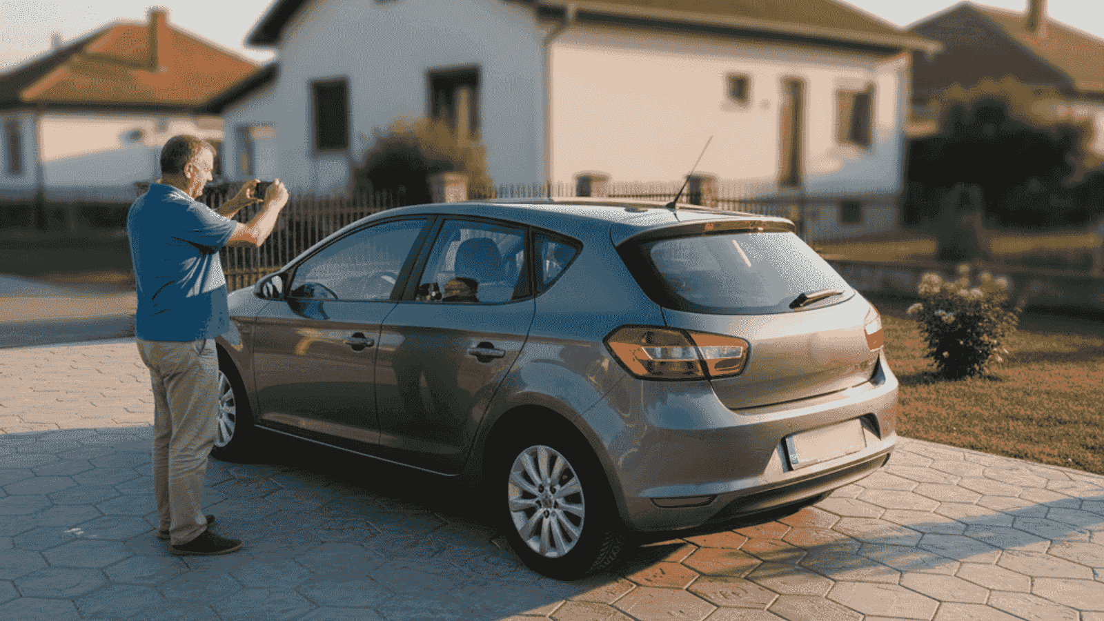 Vlasnik fotografiše opran polovni evropski auto telefonom na čistoj asfaltnoj površini ispred neutralne pozadine u dnevnom svjetlu - priprema za OLX oglas