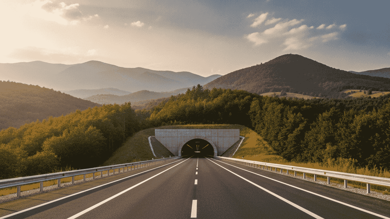 Moderna autoputna dionica kroz zelene bosanske brežuljke sa vidljivim ulazom u tunel u ljetnom svjetlu