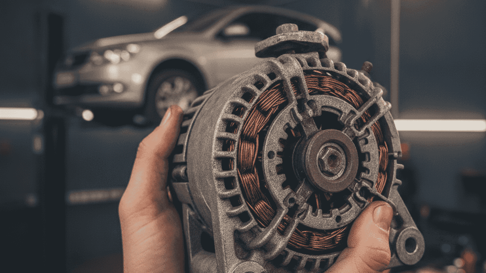 Mechanic's hands holding an alternator in a workshop with a car on a lift in the background, warm ambient lighting
