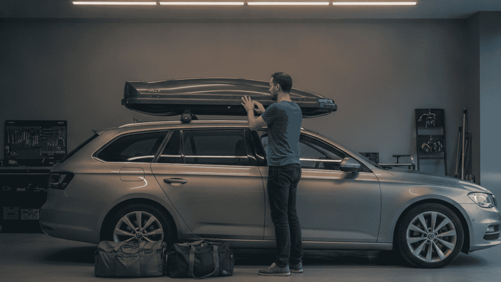 Driver fitting a dark grey aerodynamic roof box onto a silver estate car in a warmly lit garage, travel bags on the floor