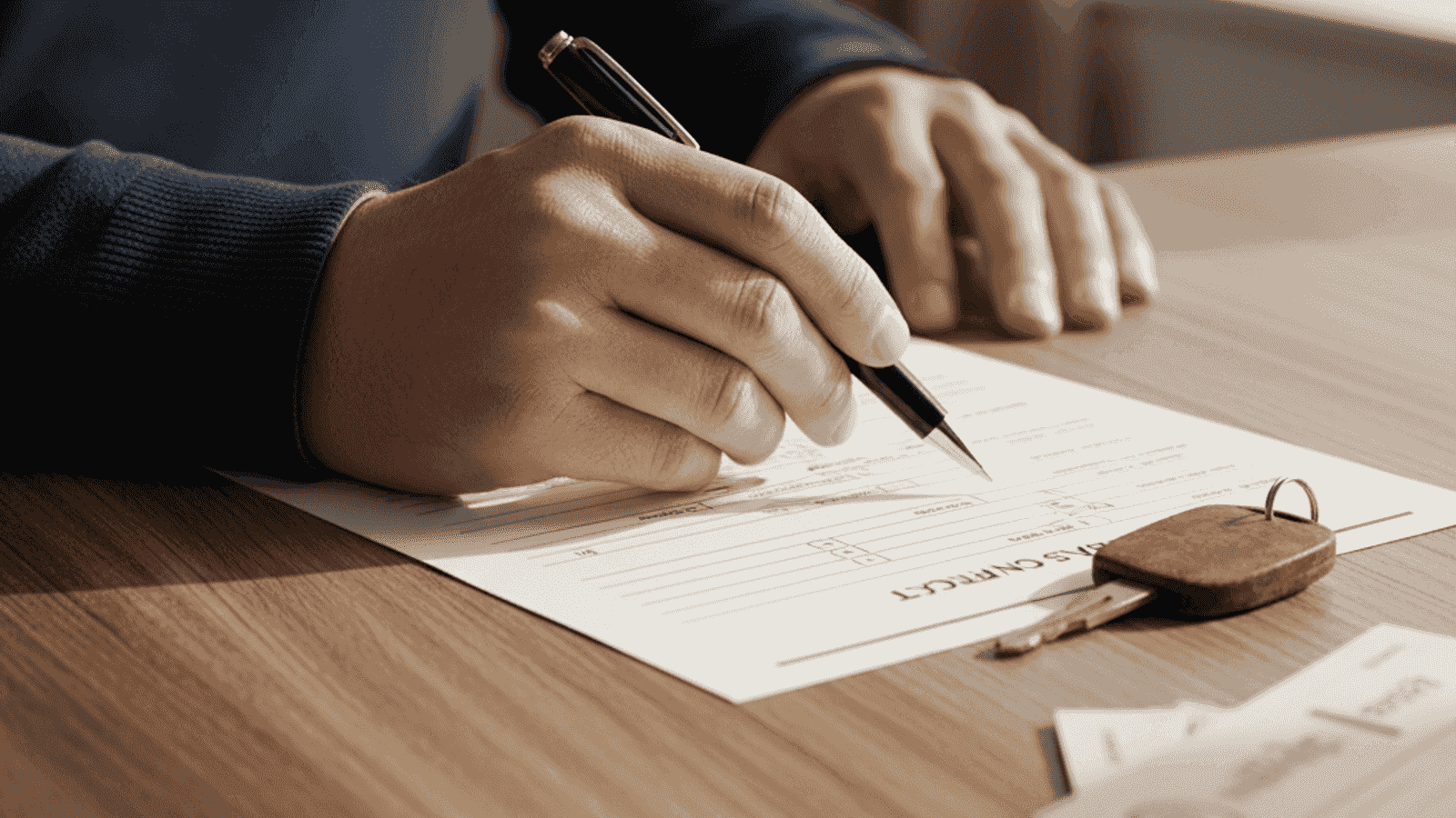 Car purchase agreement on a wooden table, seller's hand with a pen above the document and a vehicle key with a leather keychain next to the contract