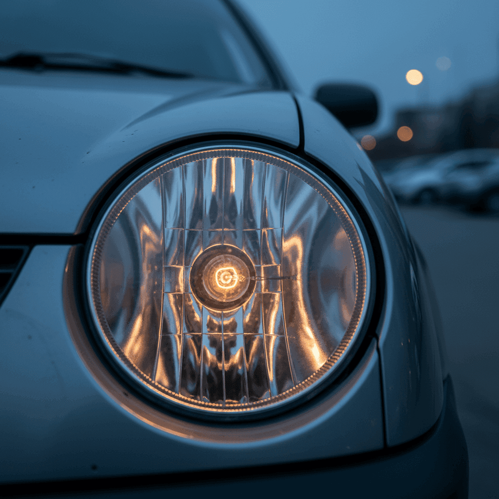 Close-up of a European car's halogen headlight reflector with the bulb lit at dusk, showing the reflector mechanism and bulb focus.