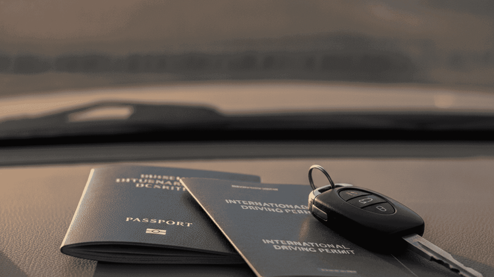 Passport, international driving permit and car keys on a vehicle dashboard in warm natural light through the windshield