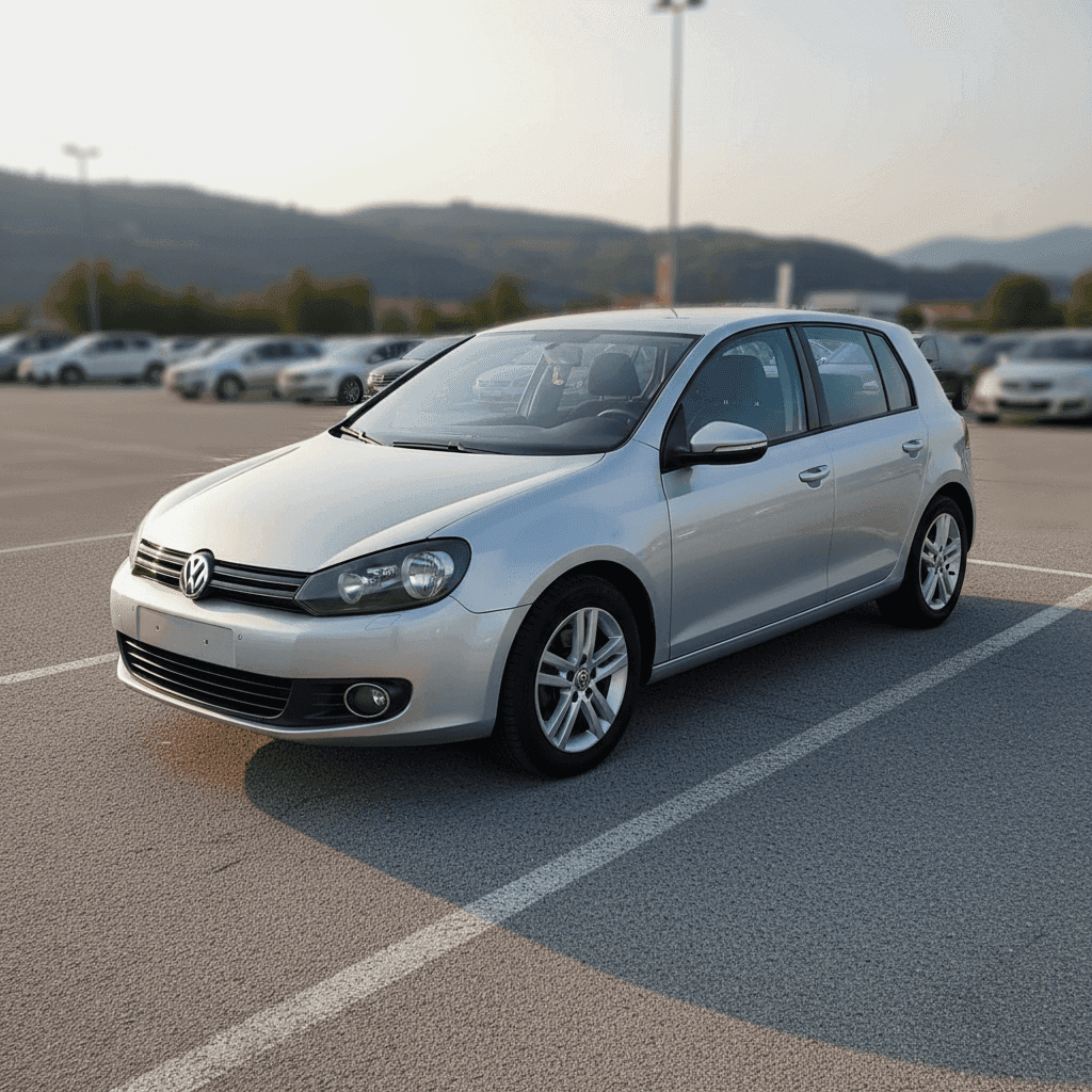 Чистый, ухоженный серебристо-серый Volkswagen Golf 6 на открытой площадке в Боснии, снято в тёплом послеполуденном свете с переднего ракурса 3/4, без видимых логотипов и номерных знаков.