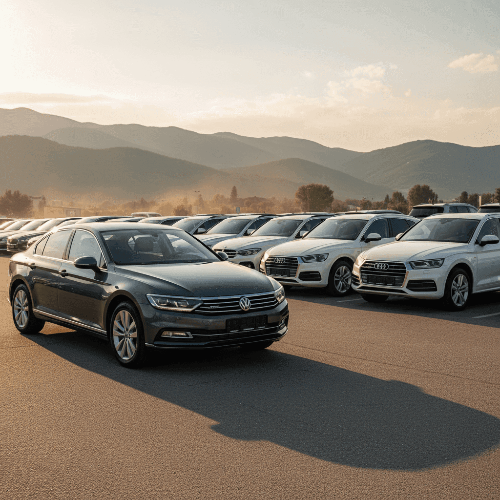 Ряд припаркованных полупремиальных автомобилей на площадке, Passat и Audi Q5 на переднем плане, тёплый послеполуденный свет
