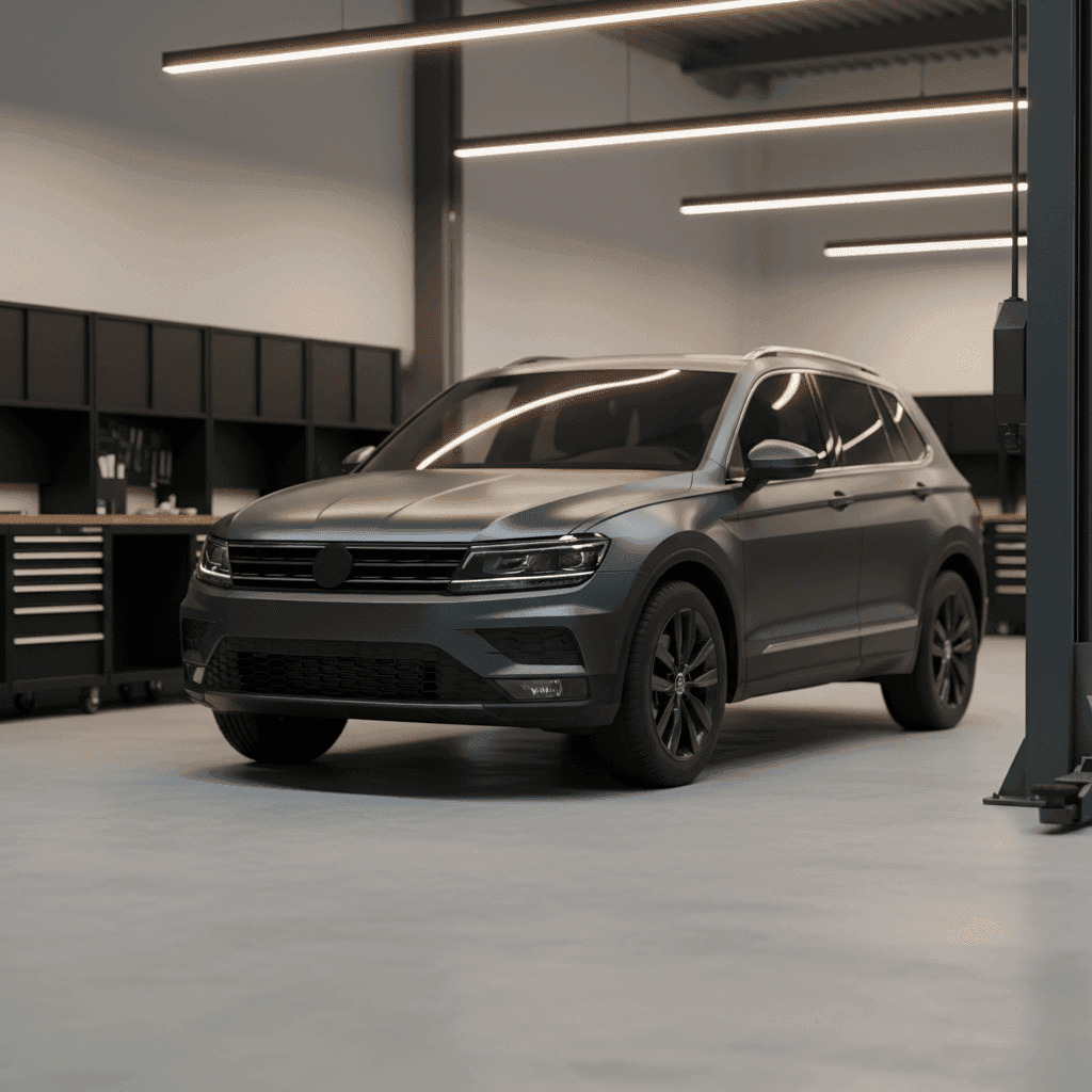 Темно-серый компактный SUV припаркован в современной мастерской с теплым окружающим светом, подготовка автомобиля к предпродажному осмотру.