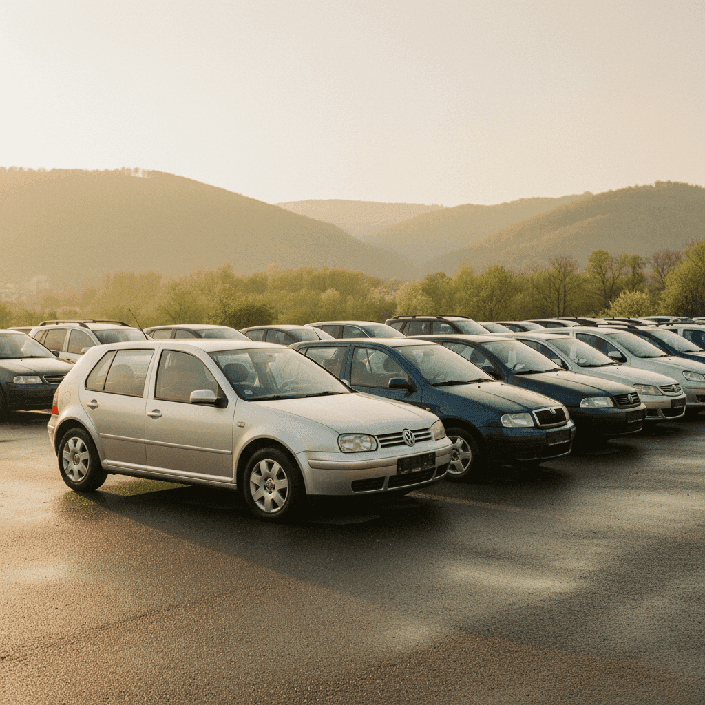 Подержанные европейские автомобили на парковке в Баня-Луке, VW Golf 4, Škoda Fabia и Passat B5.5 в диапазоне 4.000-6.000 КМ в БиГ