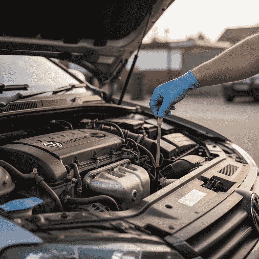 Mechanic checks the oil level on a petrol engine of a used European car in front of the workshop, bonnet open, daylight