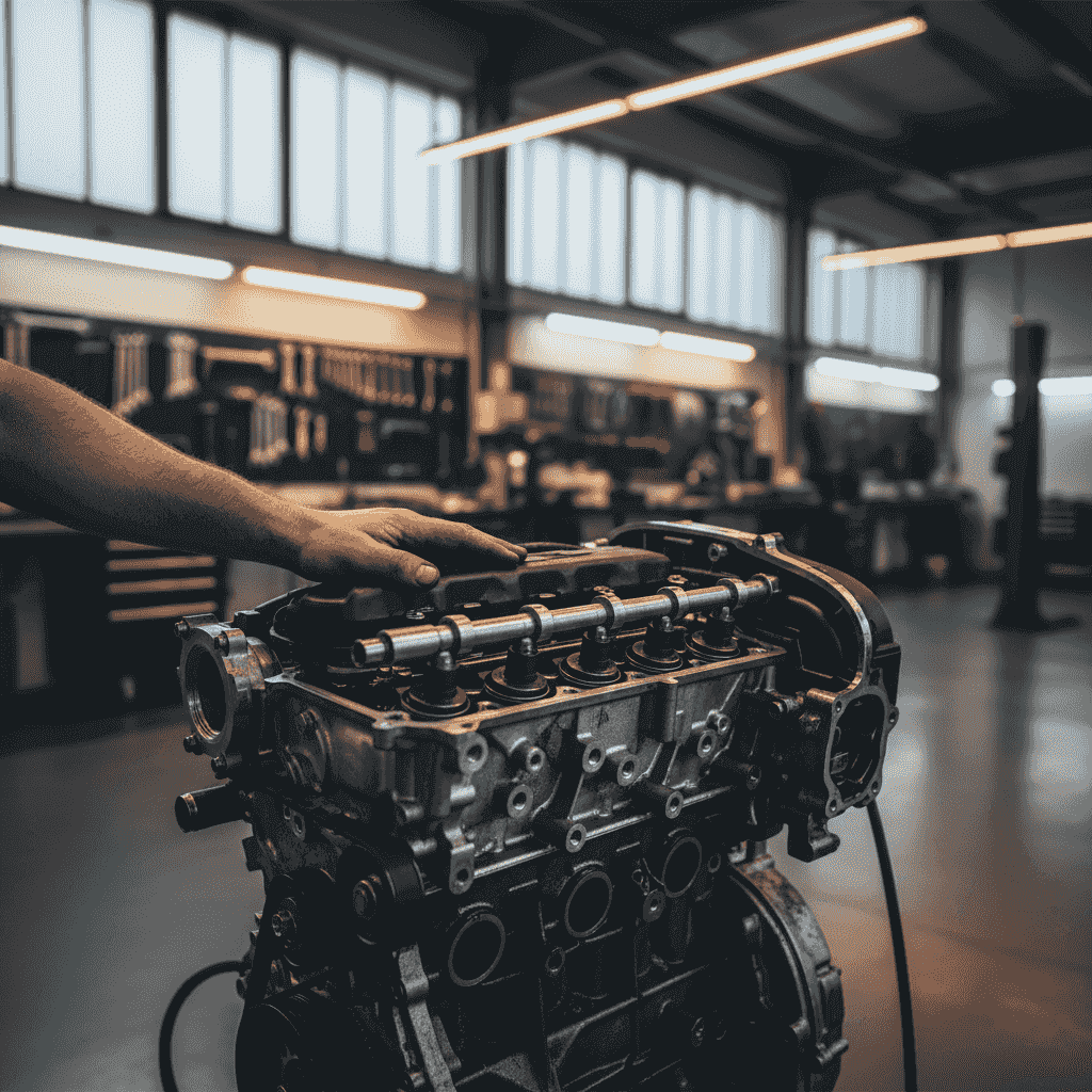 Common-rail diesel engine prepared for inspection in the workshop, high-pressure rail and injectors clearly visible under the warm light of the workshop lamp