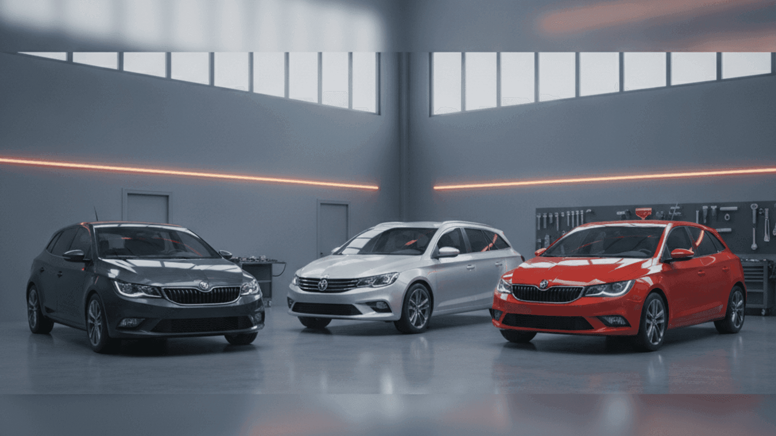 Three compact cars parked inside a well-lit automotive workshop, viewed from the front under warm overhead lighting