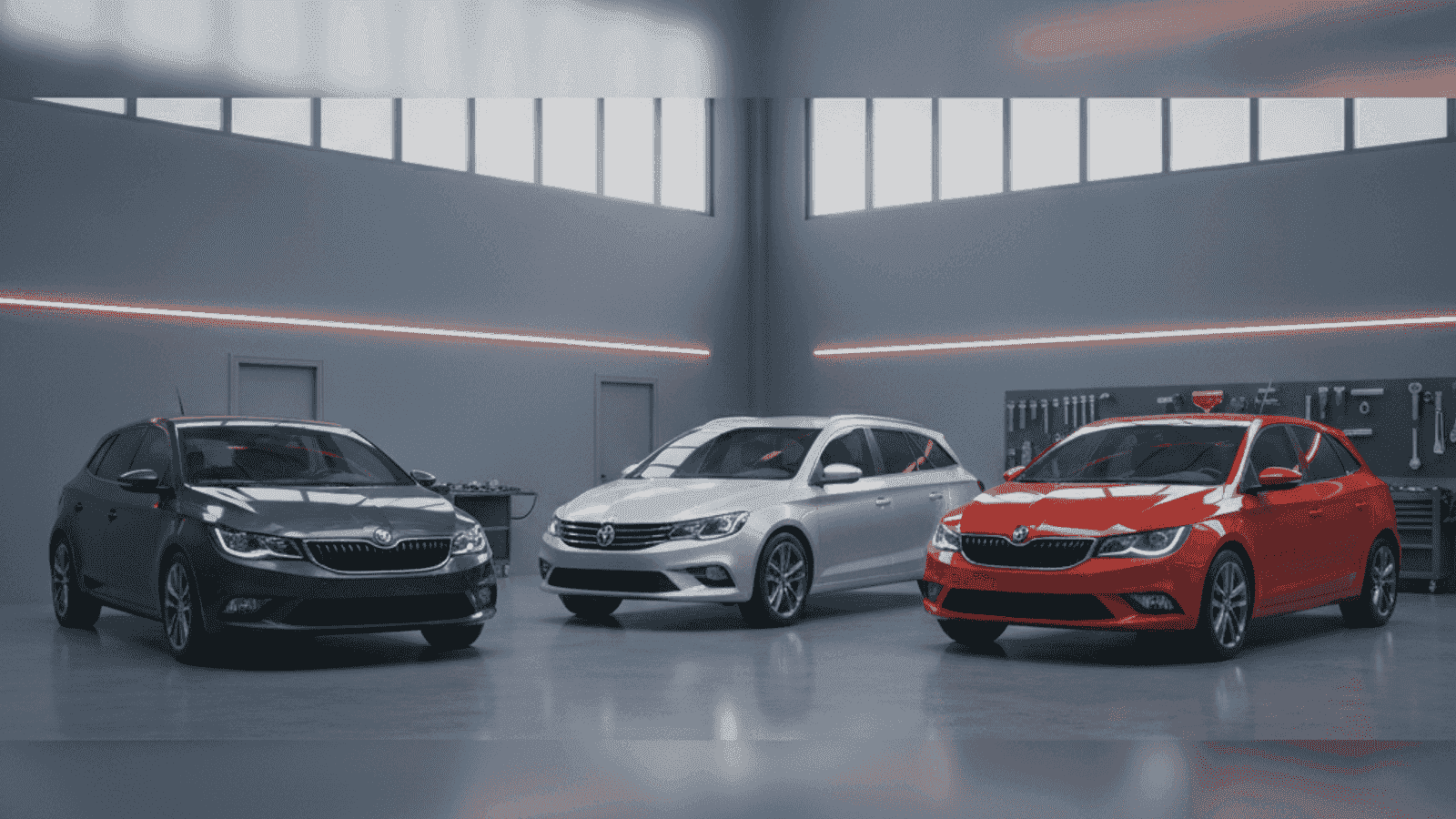 Three compact cars parked inside a well-lit automotive workshop, viewed from the front under warm overhead lighting