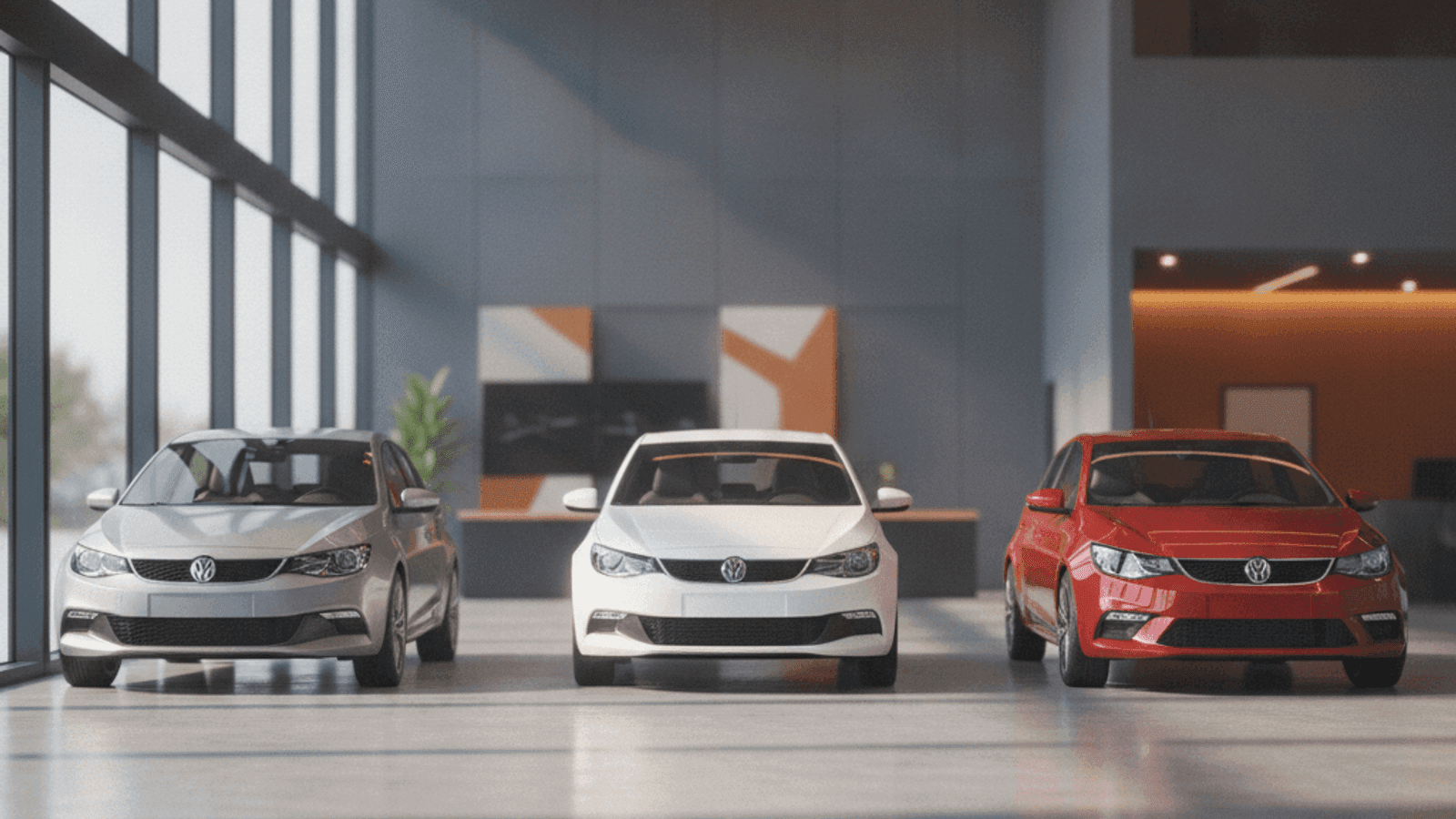 Three small city cars parked inside a warmly lit indoor showroom exhibition space