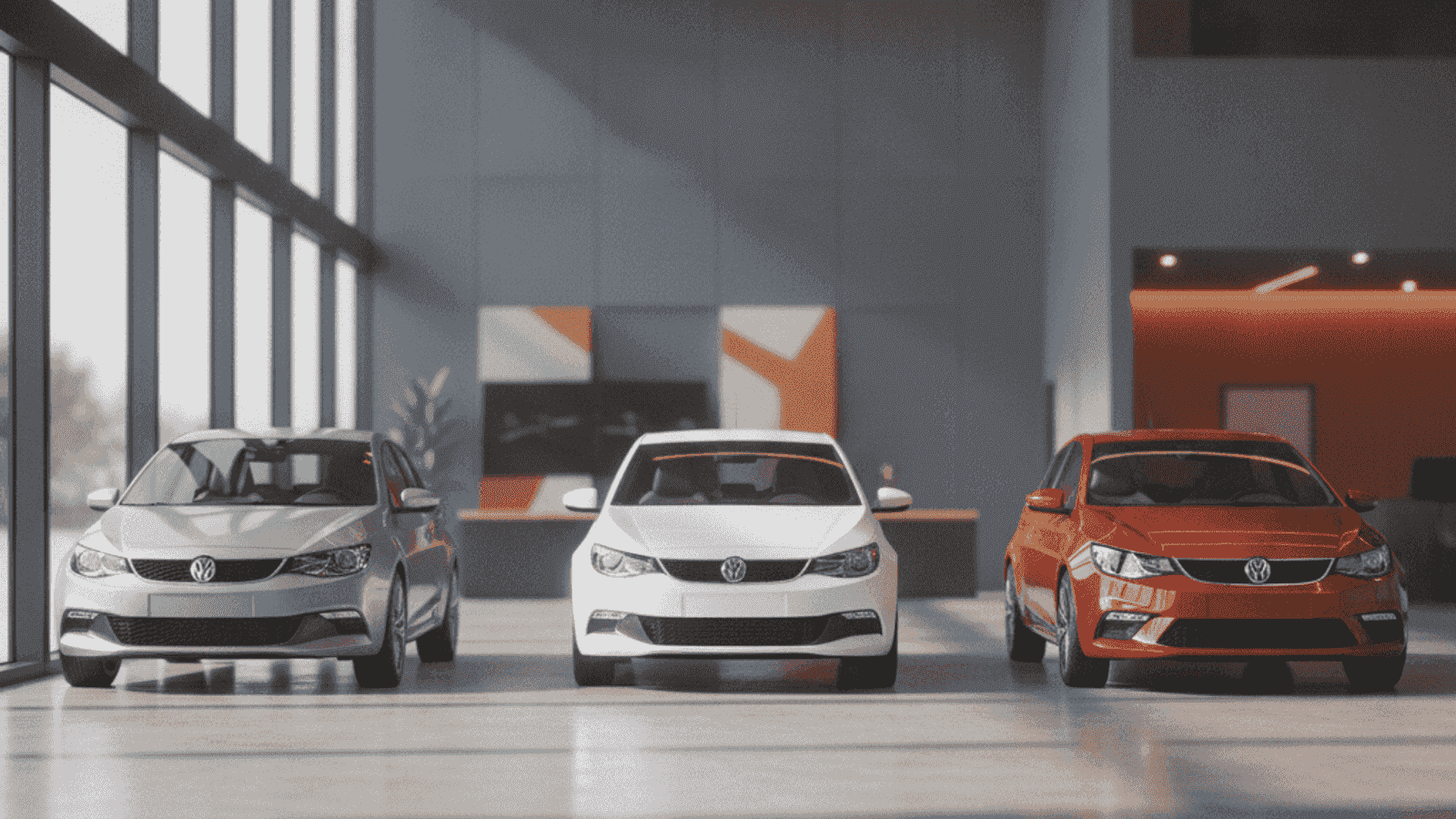 Three small city cars parked inside a warmly lit indoor showroom exhibition space