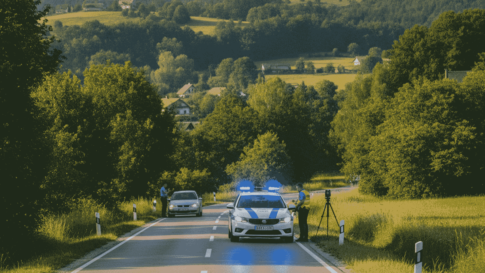 Policijska kontrola saobraćaja na magistralnom putu u BiH sa radarom i patrolnim vozilom tokom ljetnog dana