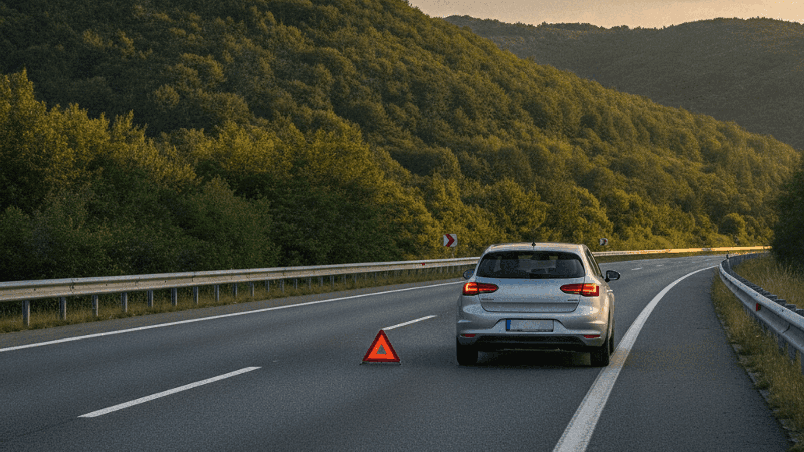 Automobil zaustavljen na zaustavnoj traci autoputa sa upaljenim žmigavcima i postavljenim sigurnosnim trouglom