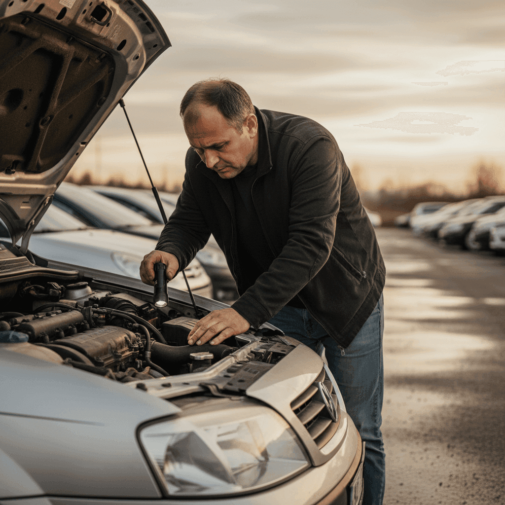 Kupac sa svjetiljkom pregleda motor polovnog auta na otvorenom auto-placu, popodnevno svjetlo i podignuta hauba pred odluku o kupovini