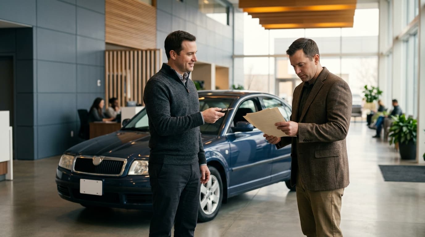 Two men negotiating the sale of a used car indoors, one holding keys while the other reviews paperwork on a table