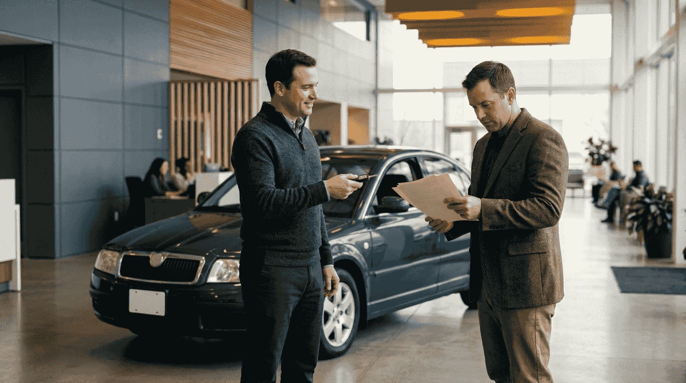 Two men negotiating the sale of a used car indoors, one holding keys while the other reviews paperwork on a table