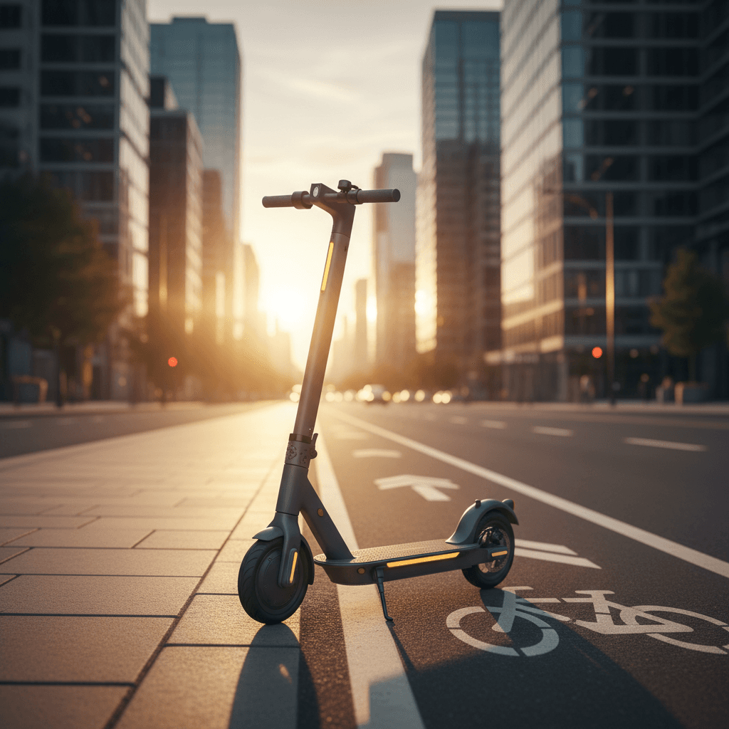 Electric scooter on a city path in warm ambient light with an urban skyline in the background