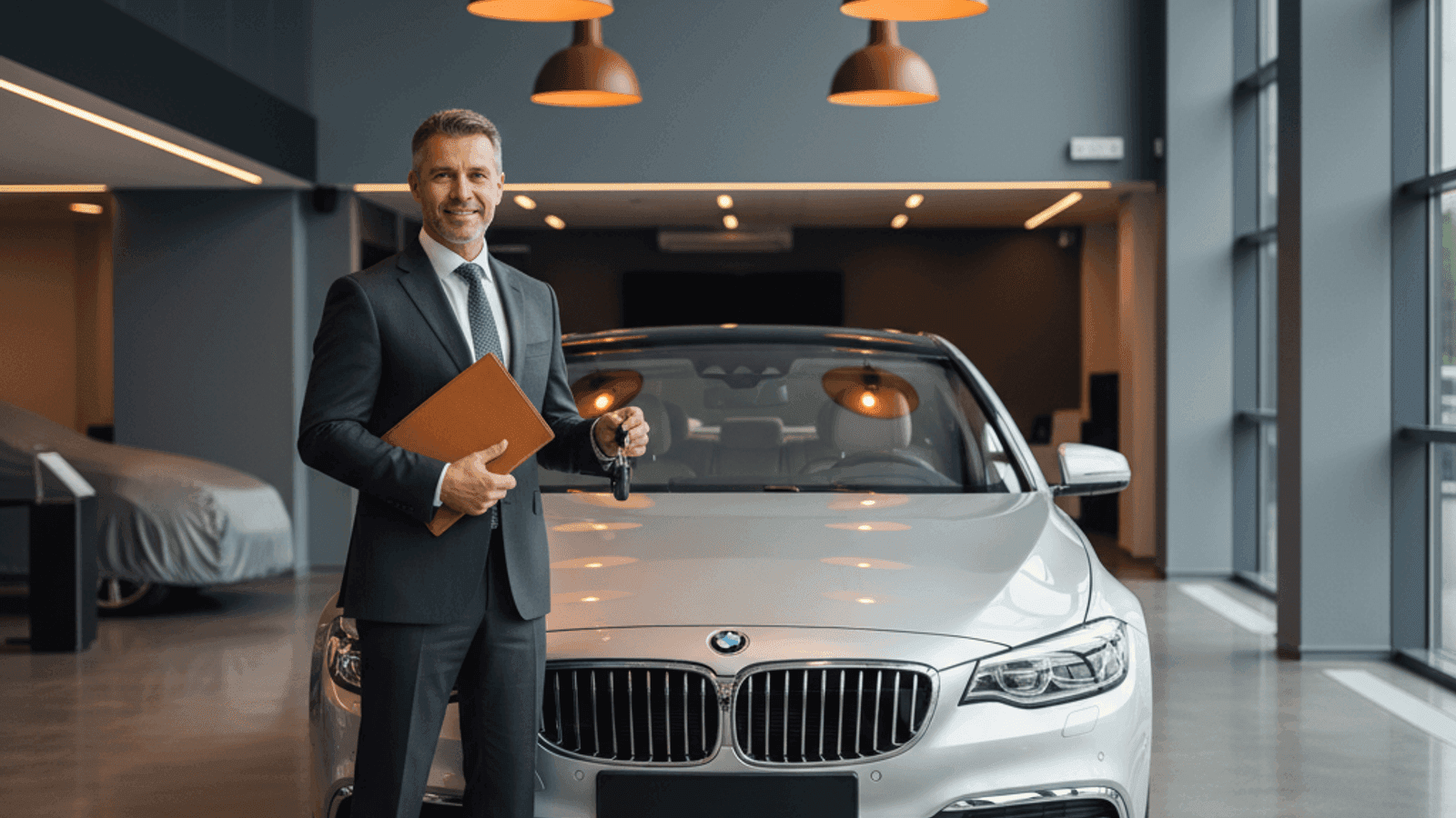 Muškarac drži ključeve i dokumenta pored srebrnog automobila spremnog za prodaju u garaži