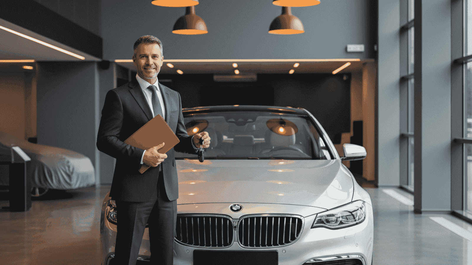 Man holding car keys and documents next to a silver car ready for sale in a garage