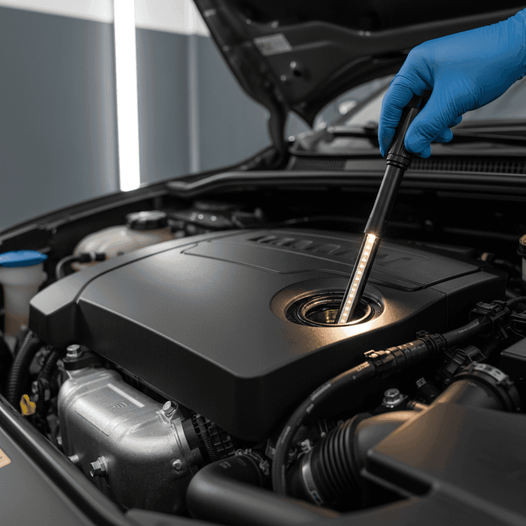Mechanic inspecting the inside of the oil filler neck on a small three-cylinder PureTech engine in a workshop using an LED inspection lamp