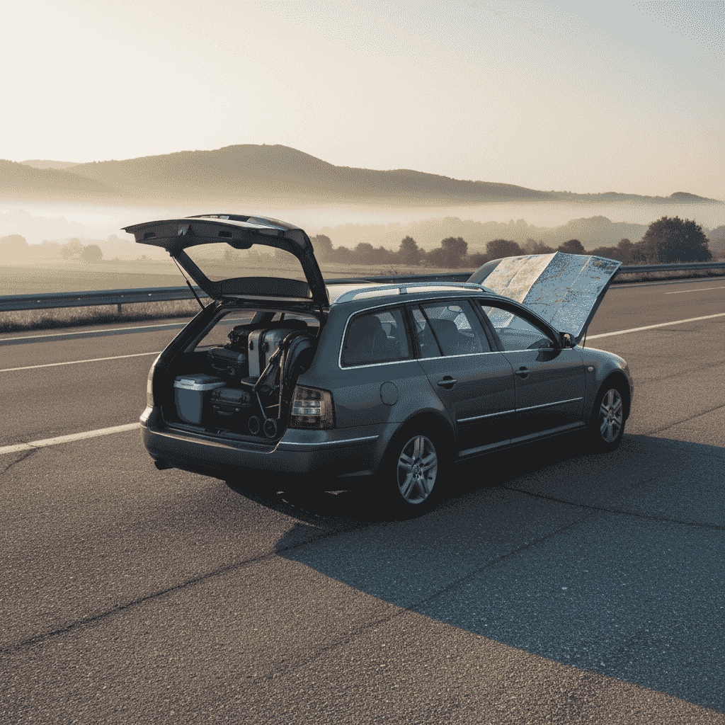 Family car with open boot full of bags parked by a motorway slip road in morning amber light, open map on the bonnet, ready for summer travel from BiH