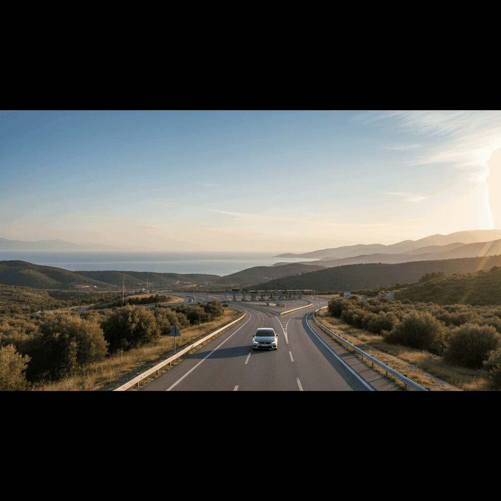 Car on a Greek motorway in late afternoon light, mountain landscape of northern Greece and a toll gate in the distance, summer atmosphere