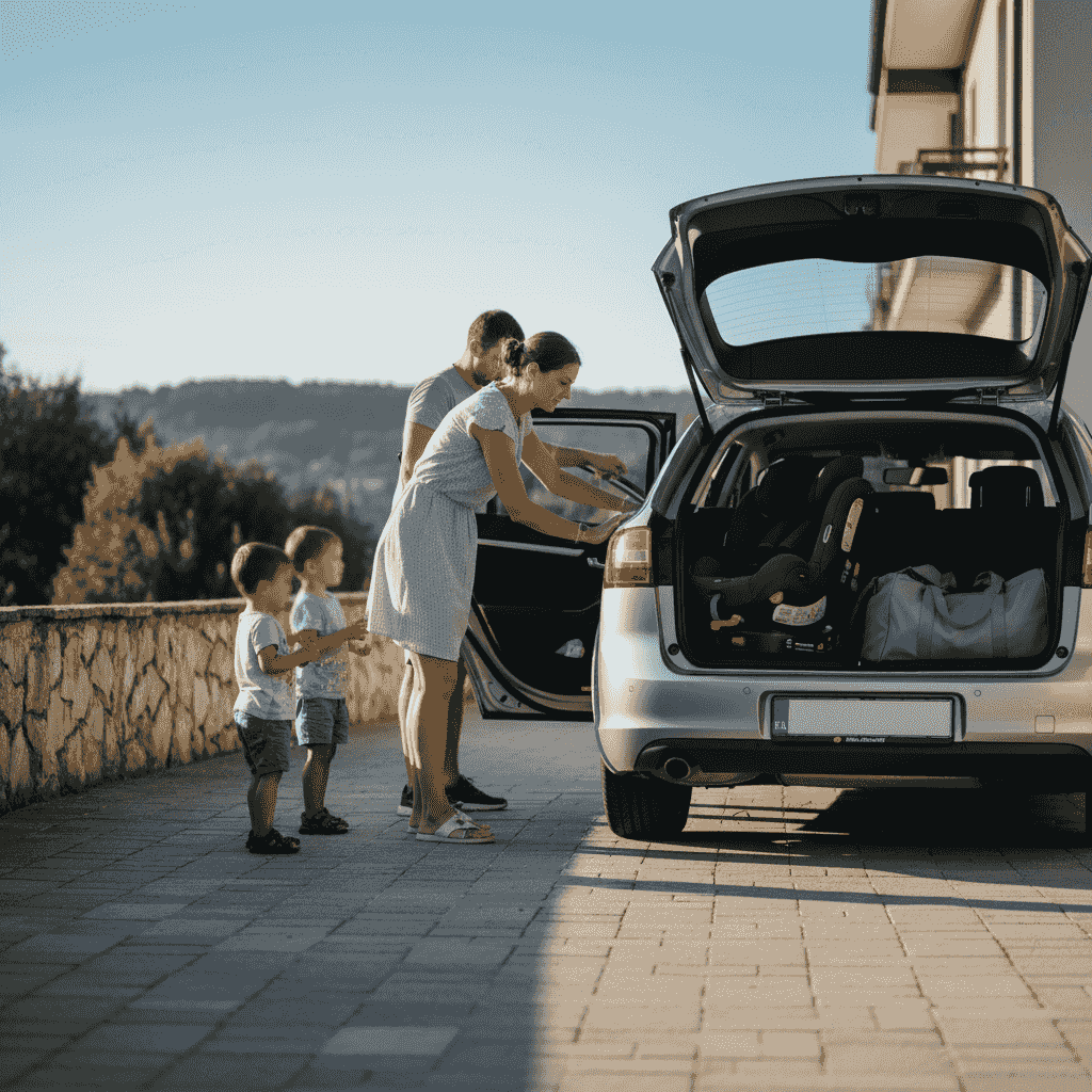 Roditelji iz Banje Luke pakuju prtljag i provjeravaju ISOFIX bazu autosjedalice na zadnjem sjedištu porodičnog karavana prije ljetnog polaska na more