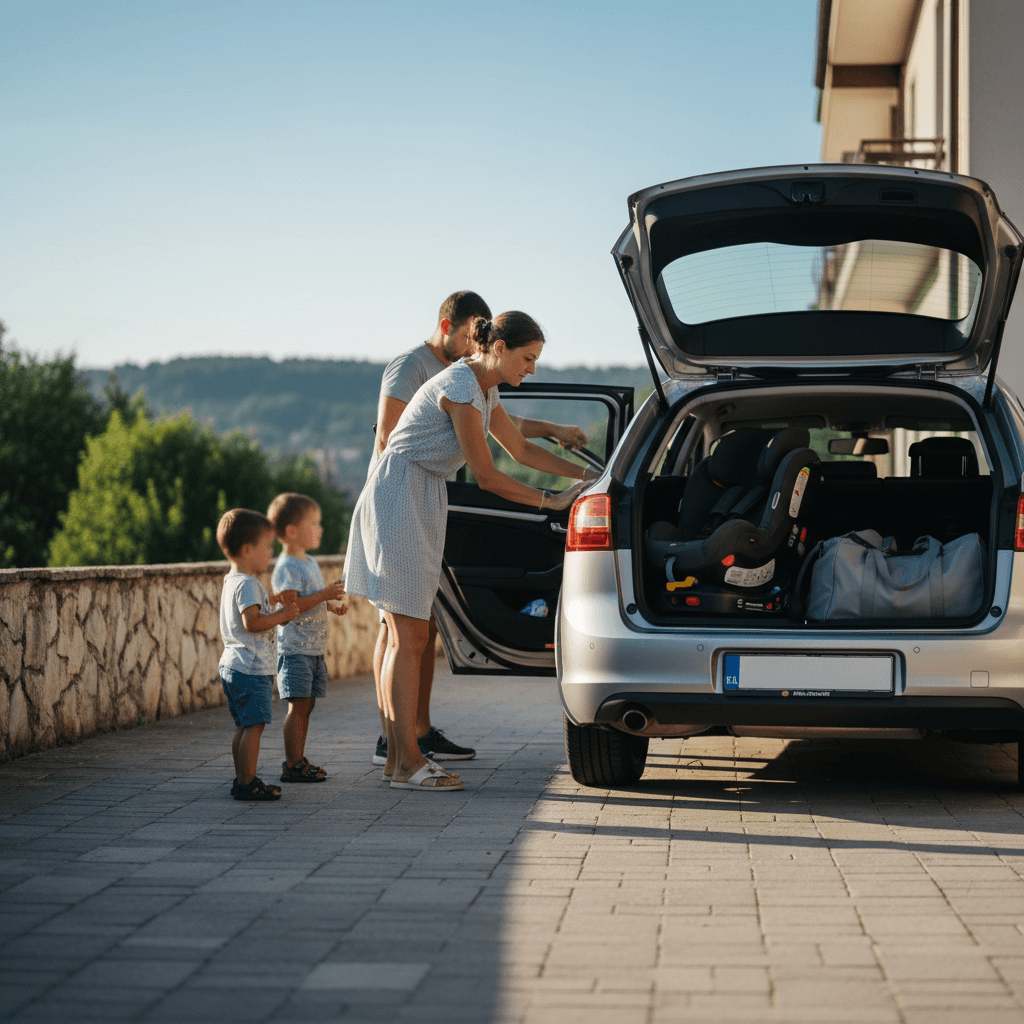 Родители из Баня-Луки укладывают багаж и проверяют базу ISOFIX автокресла на заднем сиденье семейного универсала перед летним выездом на море