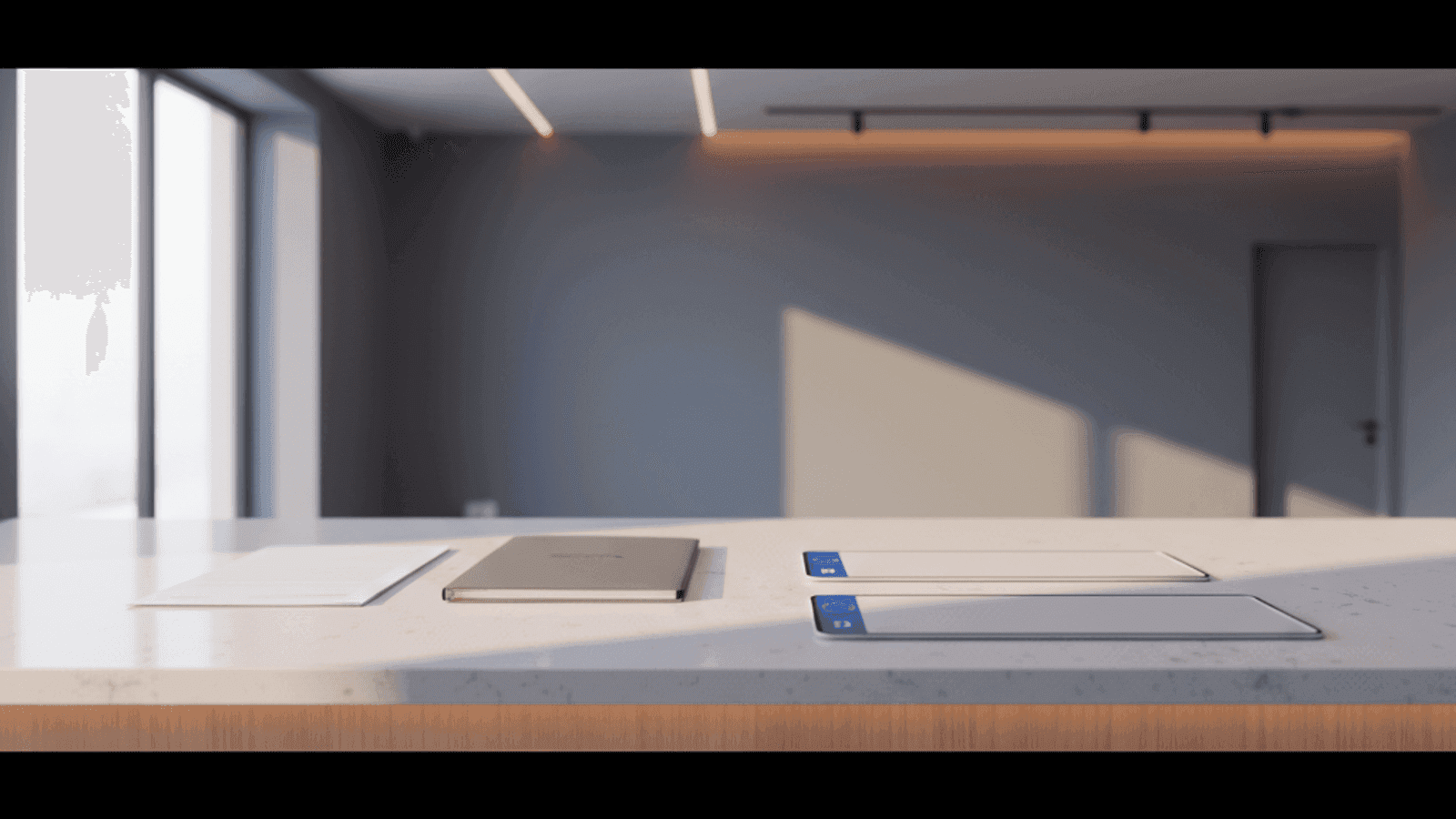 Counter for registering an imported vehicle in BiH, a folder of documents and blank licence plates on the desk during first-registration filing
