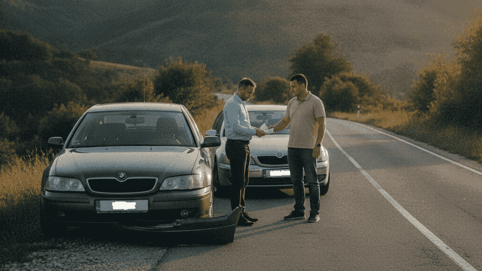 Two cars with minor damage stopped on a road shoulder, drivers calmly exchanging documents in the afternoon summer sun