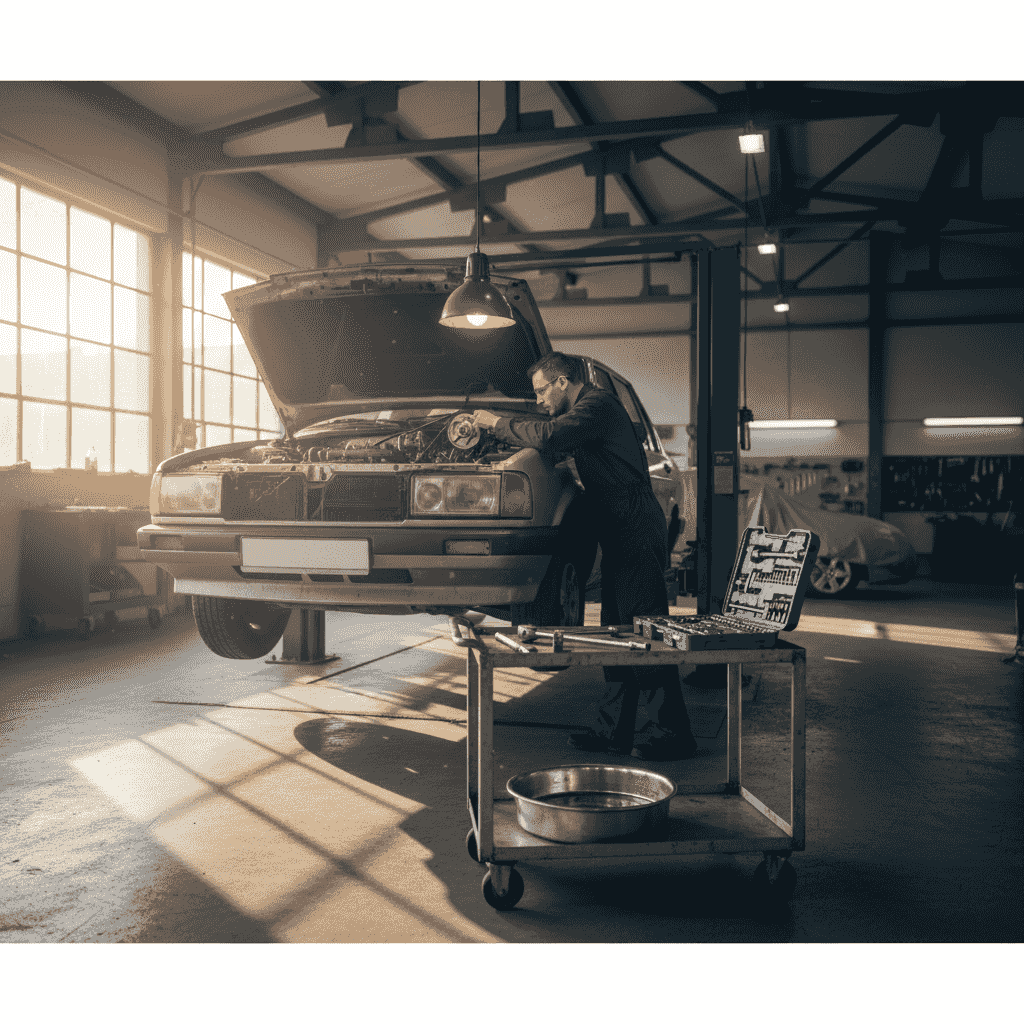 Mechanic in a Banja Luka workshop servicing a used car with over 200,000 km, a lift and a timing belt in the foreground