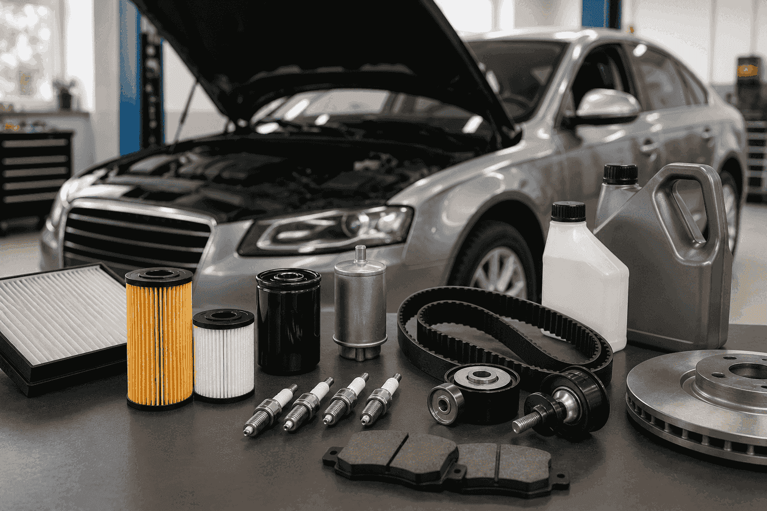 Servisni dijelovi spremni za servis polovnog auta - filter ulja, kabinski filter, filter goriva, svjećice, razvodni komplet, kočione pločice i disk ispred sivog automobila s otvorenom haubom u radionici