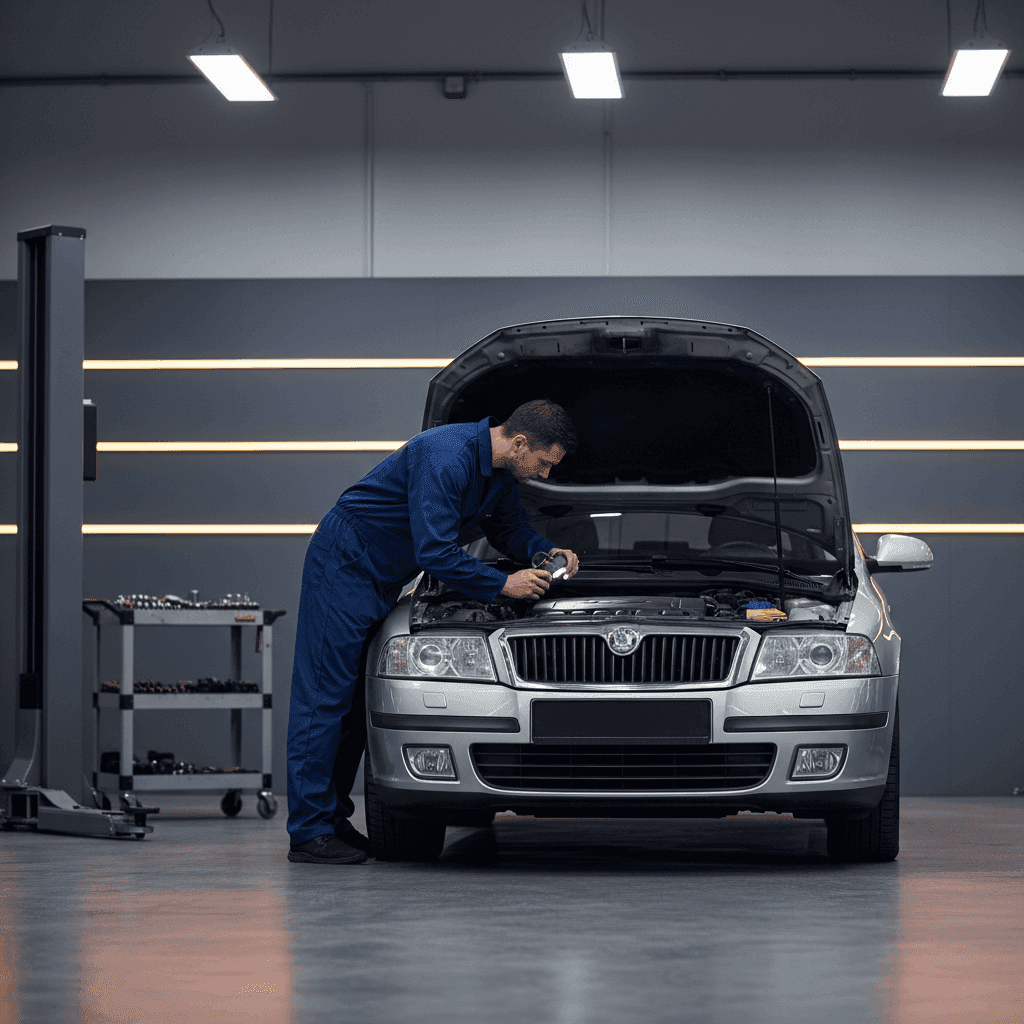 Škoda Octavia 2 лифтбек в современном автосервисе с поднятым капотом, механик в синей рабочей одежде рядом с двигателем